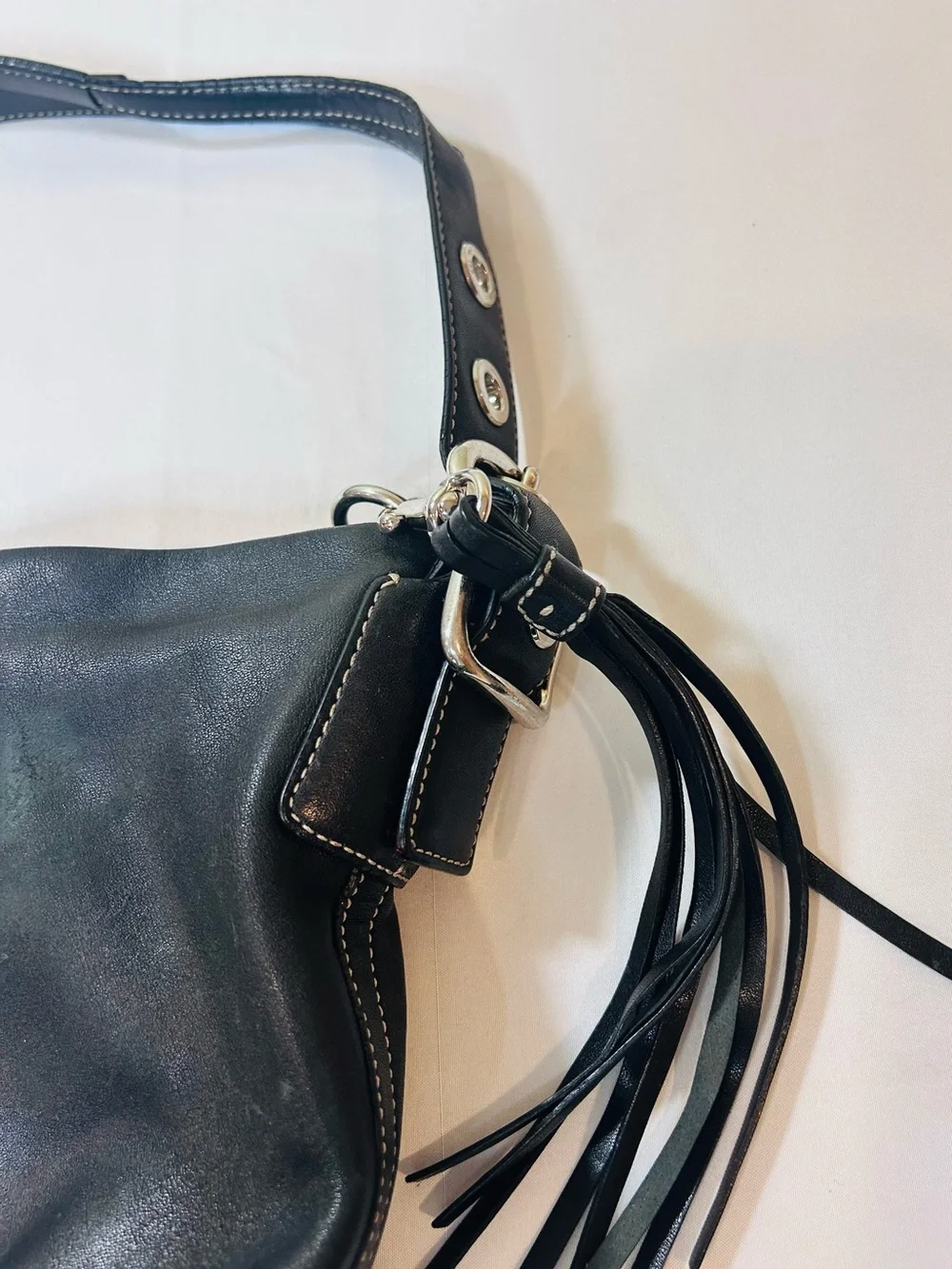Vintage COACH East West Legacy Shoulder Bag Black Leather Tassel Hangtag Purse